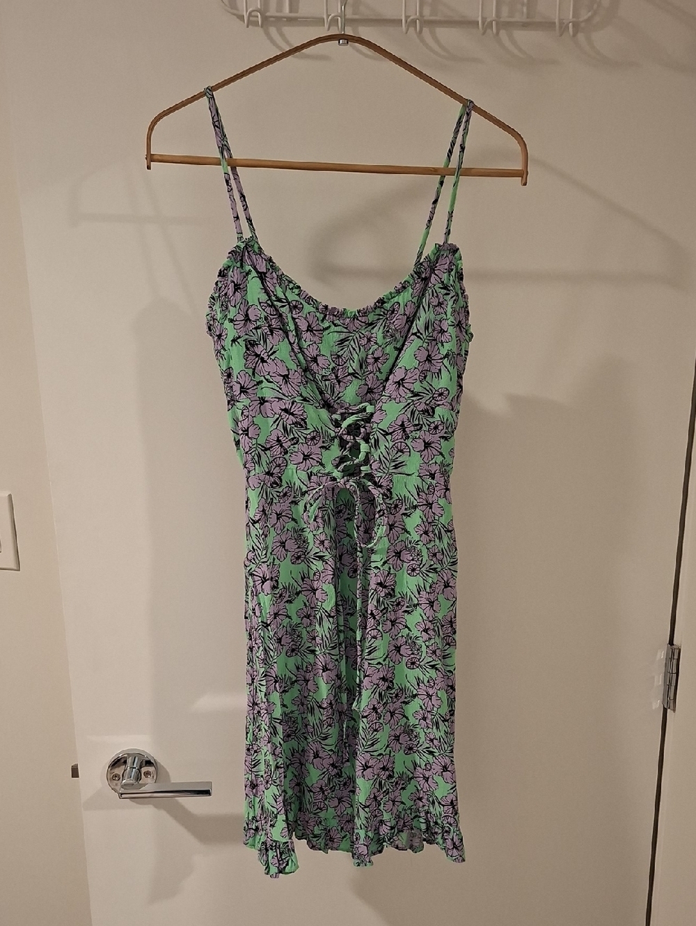 Green & Purple Tropical Floral Ruffle Mini Dress w/ Corset Waist (Size XS/S)